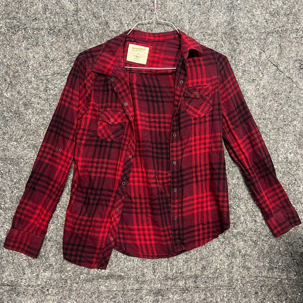 Arizona Jean Co Womens Red Black Plaid Flannel Snap Button Shirt Small‎ Classic